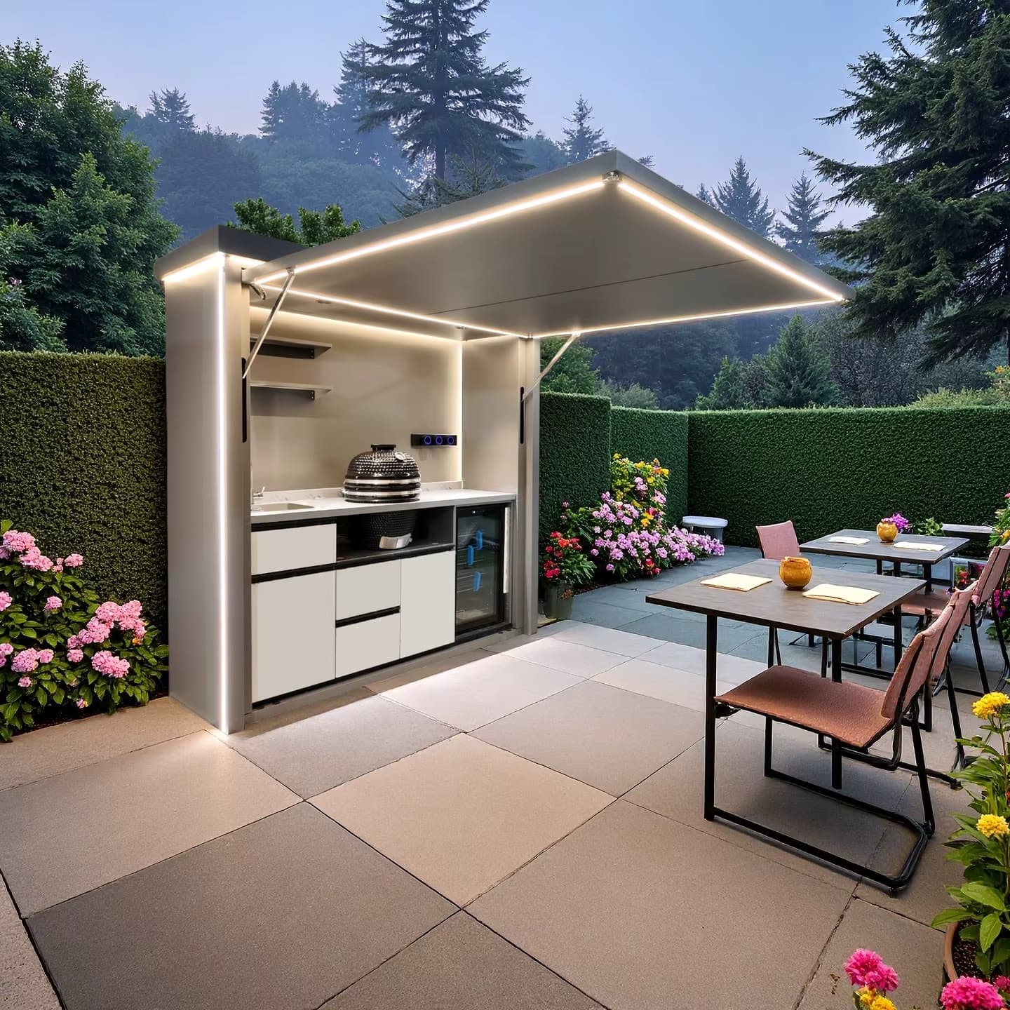 Premium black modular outdoor kitchen in a garden at night